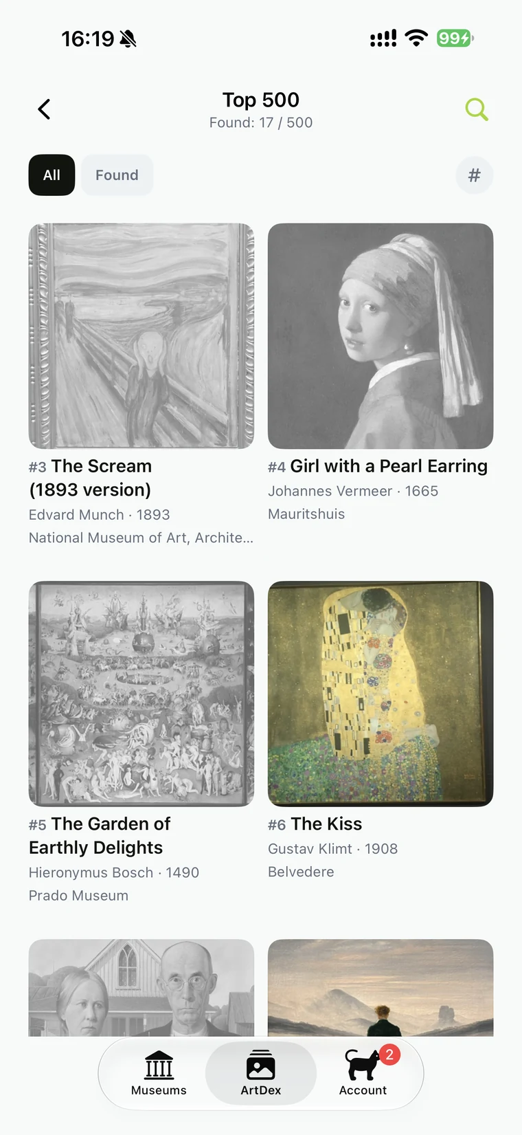 ArtDex’s Top 500 collection: The Kiss appears in colour among artworks still to find, with 17 of 500 found