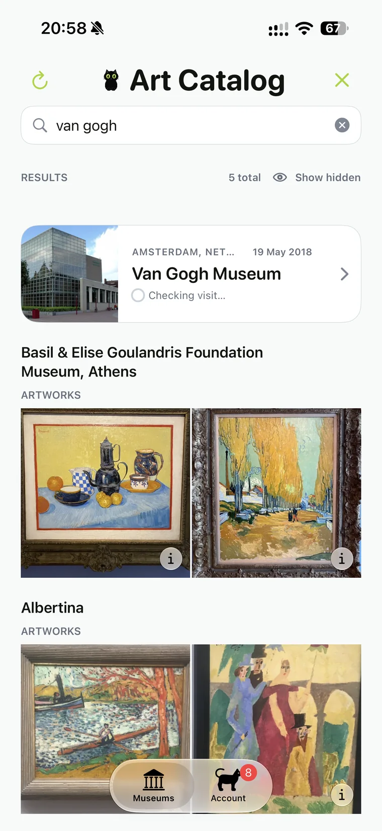 ArtCat search results for Van Gogh, with museum and artwork photos